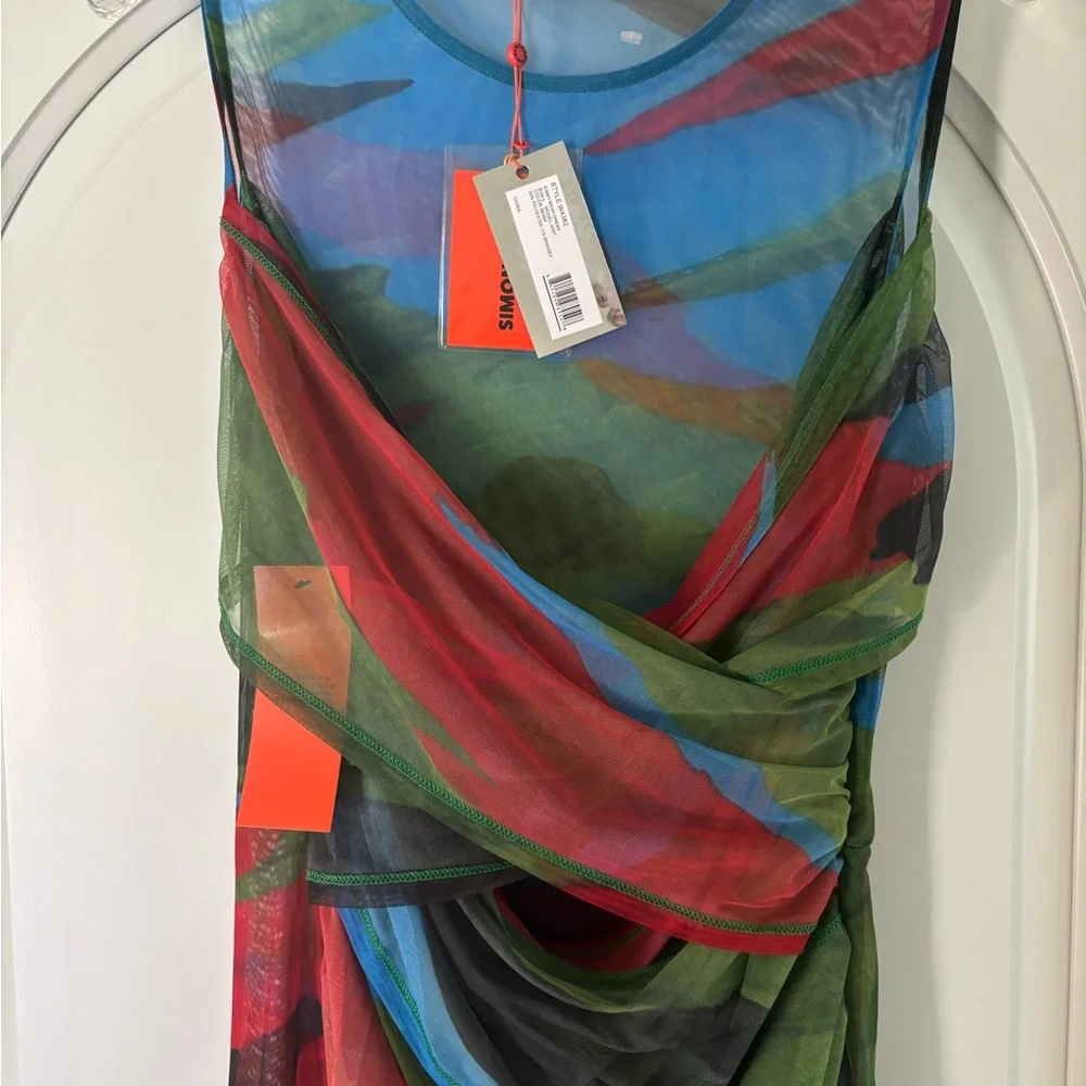 Simon Miller Sheer Multi-Color Draped Maxi Dress - Red, Green, Blue - Picture 1 of 4
